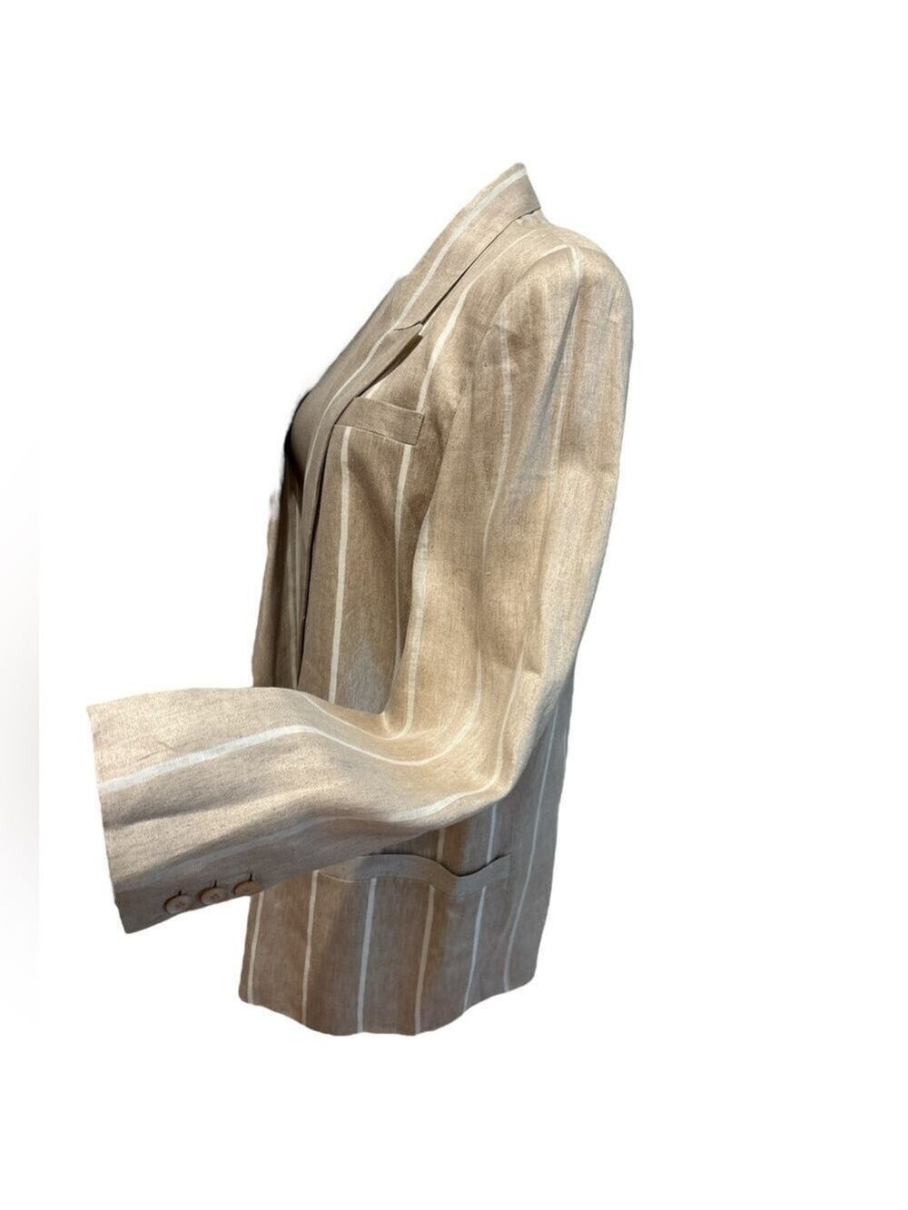 80s TAHARI LINEN NEUTRAL & WHITE STRIPE BOXY ONE BUTTON BLAZER QUIET LUXURY SZ 8 - Picture 4 of 6